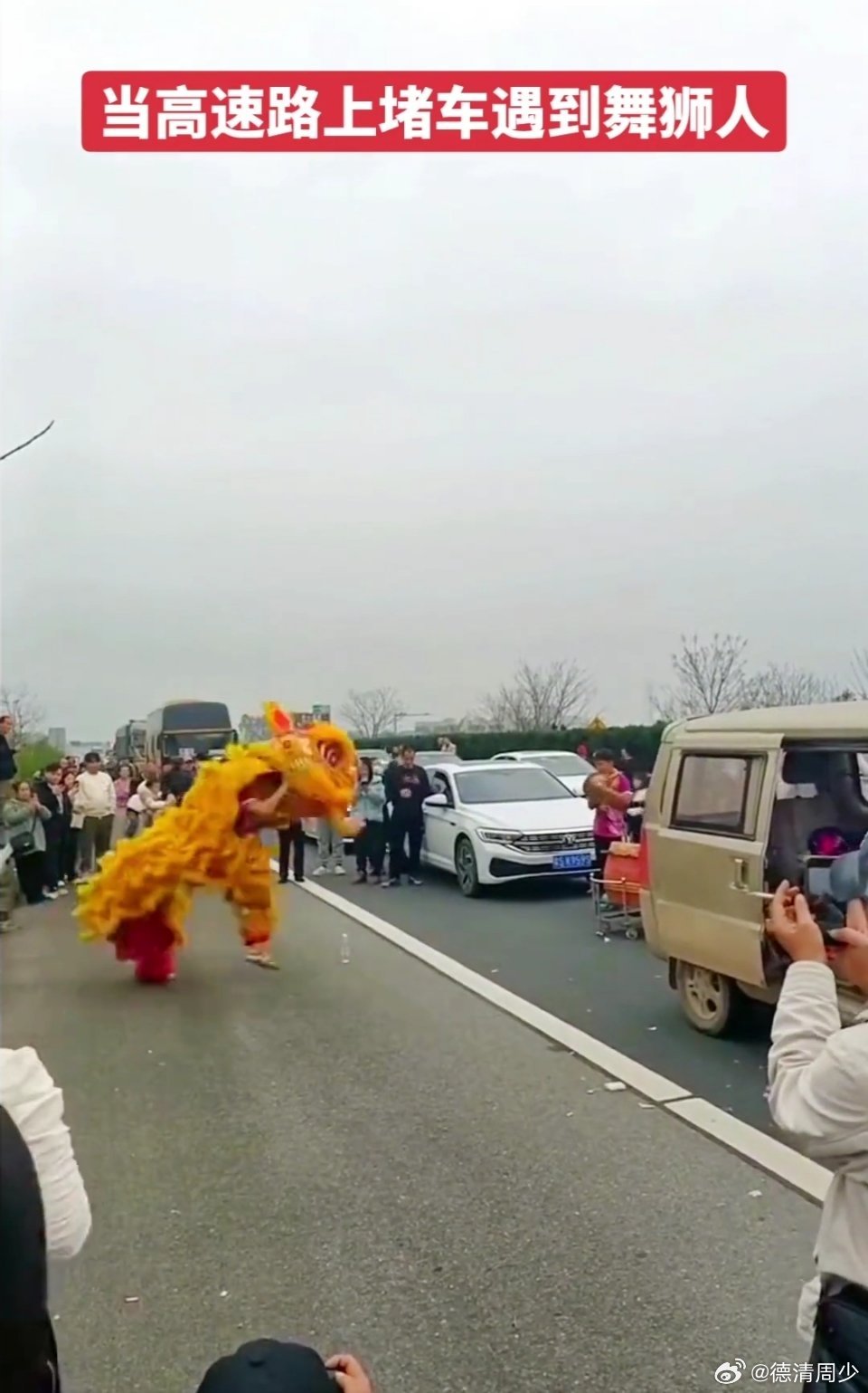 高速堵车中的惊喜舞狮表演，小伙才艺非凡，展现意外惊喜